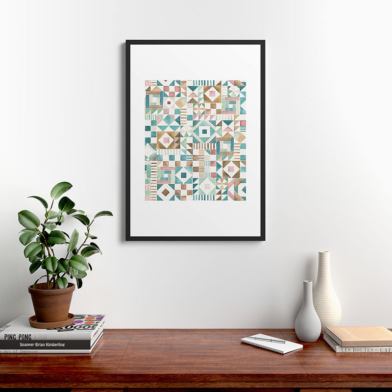 Ninola Design Charming Nostalgia Geometric Tiles Patchwork Aqua Pink Gold Framed Art Print