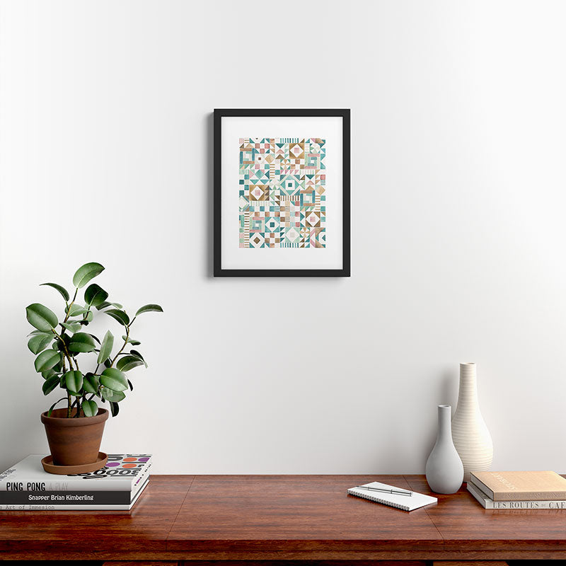 Ninola Design Charming Nostalgia Geometric Tiles Patchwork Aqua Pink Gold Framed Art Print