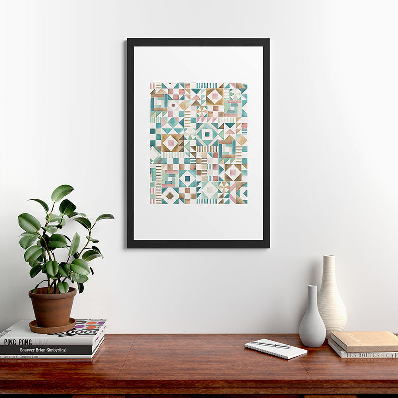 Ninola Design Charming Nostalgia Geometric Tiles Patchwork Aqua Pink Gold Framed Art Print