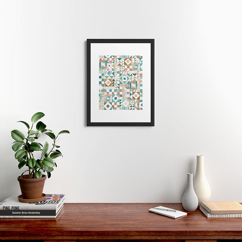 Ninola Design Charming Nostalgia Geometric Tiles Patchwork Aqua Pink Gold Framed Art Print
