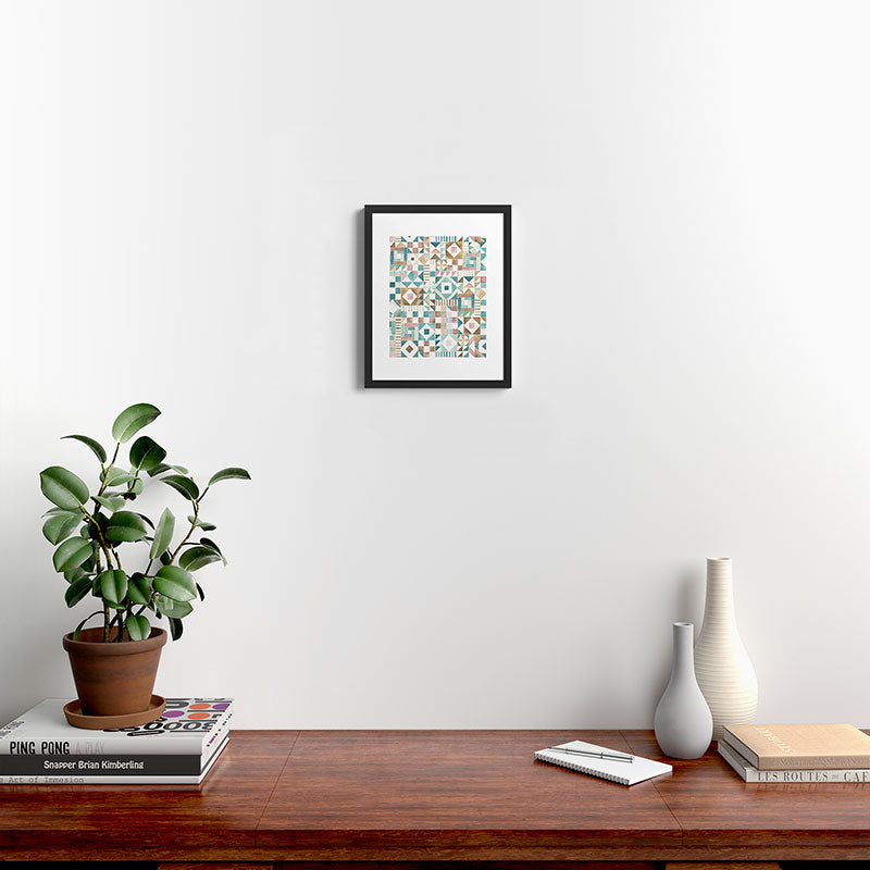 Ninola Design Charming Nostalgia Geometric Tiles Patchwork Aqua Pink Gold Framed Art Print