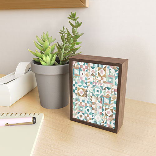 Ninola Design Charming Nostalgia Geometric Tiles Patchwork Aqua Pink Gold Framed Mini Art Print