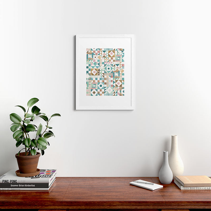 Ninola Design Charming Nostalgia Geometric Tiles Patchwork Aqua Pink Gold Framed Art Print