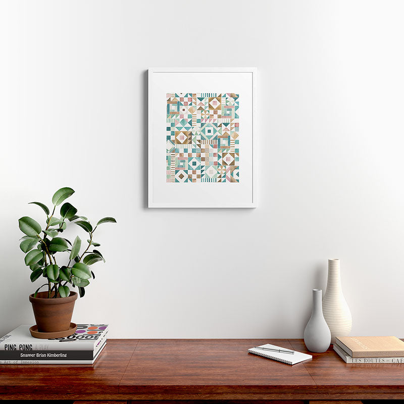 Ninola Design Charming Nostalgia Geometric Tiles Patchwork Aqua Pink Gold Framed Art Print