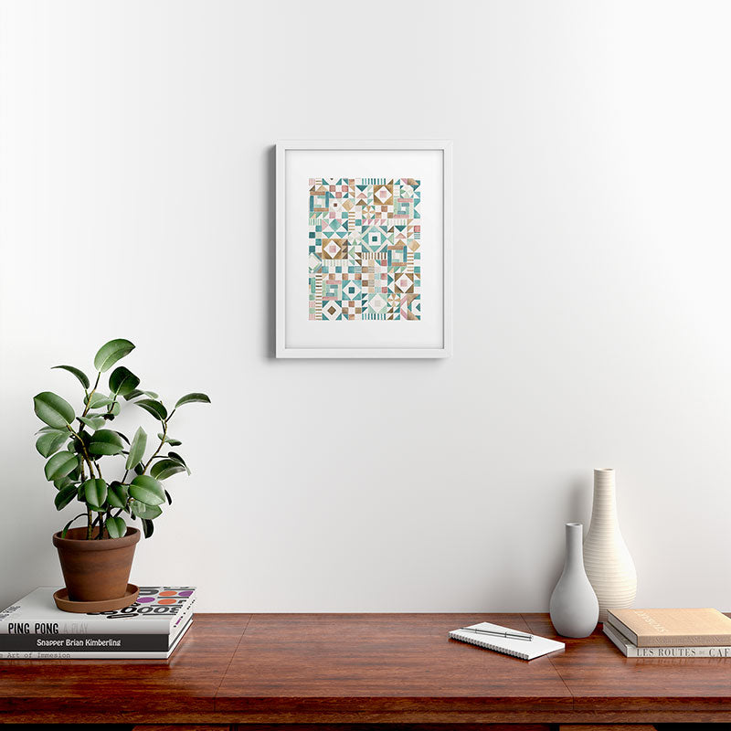 Ninola Design Charming Nostalgia Geometric Tiles Patchwork Aqua Pink Gold Framed Art Print