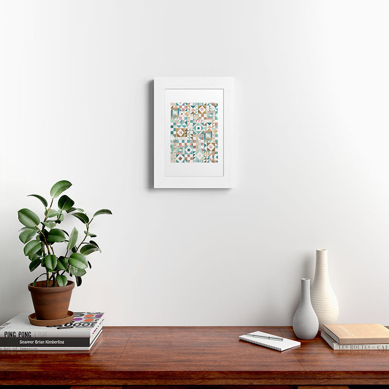 Ninola Design Charming Nostalgia Geometric Tiles Patchwork Aqua Pink Gold Framed Art Print