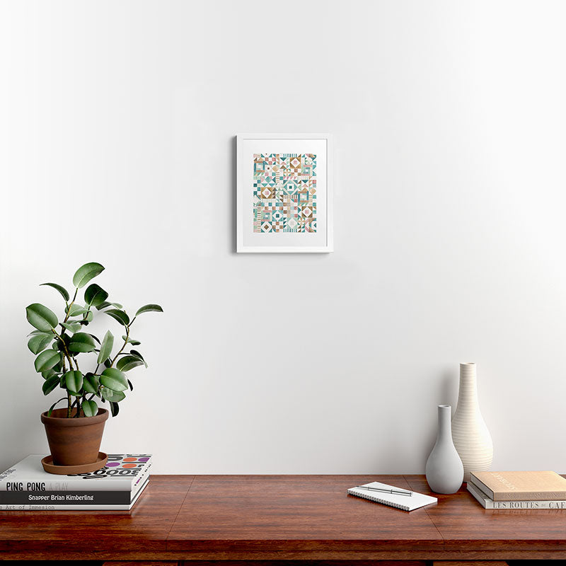 Ninola Design Charming Nostalgia Geometric Tiles Patchwork Aqua Pink Gold Framed Art Print