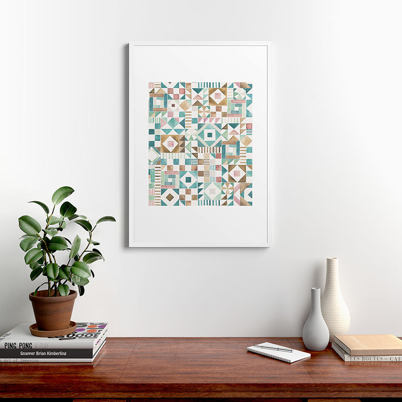 Ninola Design Charming Nostalgia Geometric Tiles Patchwork Aqua Pink Gold Framed Art Print