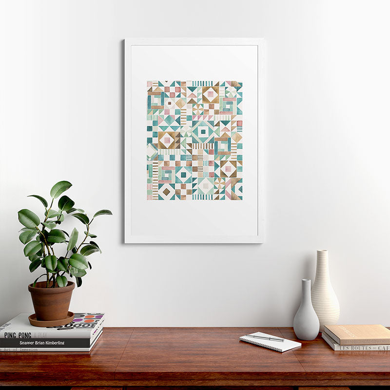 Ninola Design Charming Nostalgia Geometric Tiles Patchwork Aqua Pink Gold Framed Art Print