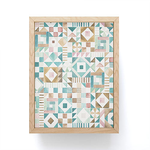 Ninola Design Charming Nostalgia Geometric Tiles Patchwork Aqua Pink Gold Framed Mini Art Print