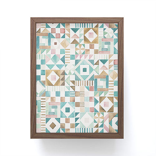 Ninola Design Charming Nostalgia Geometric Tiles Patchwork Aqua Pink Gold Framed Mini Art Print