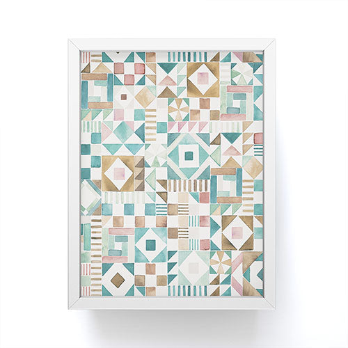 Ninola Design Charming Nostalgia Geometric Tiles Patchwork Aqua Pink Gold Framed Mini Art Print