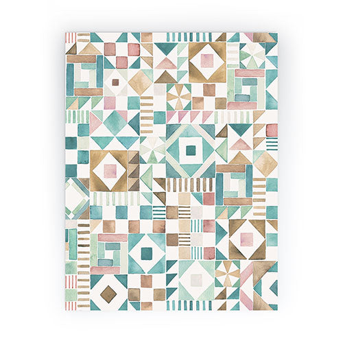 Ninola Design Charming Nostalgia Geometric Tiles Patchwork Aqua Pink Gold Mini Art Print