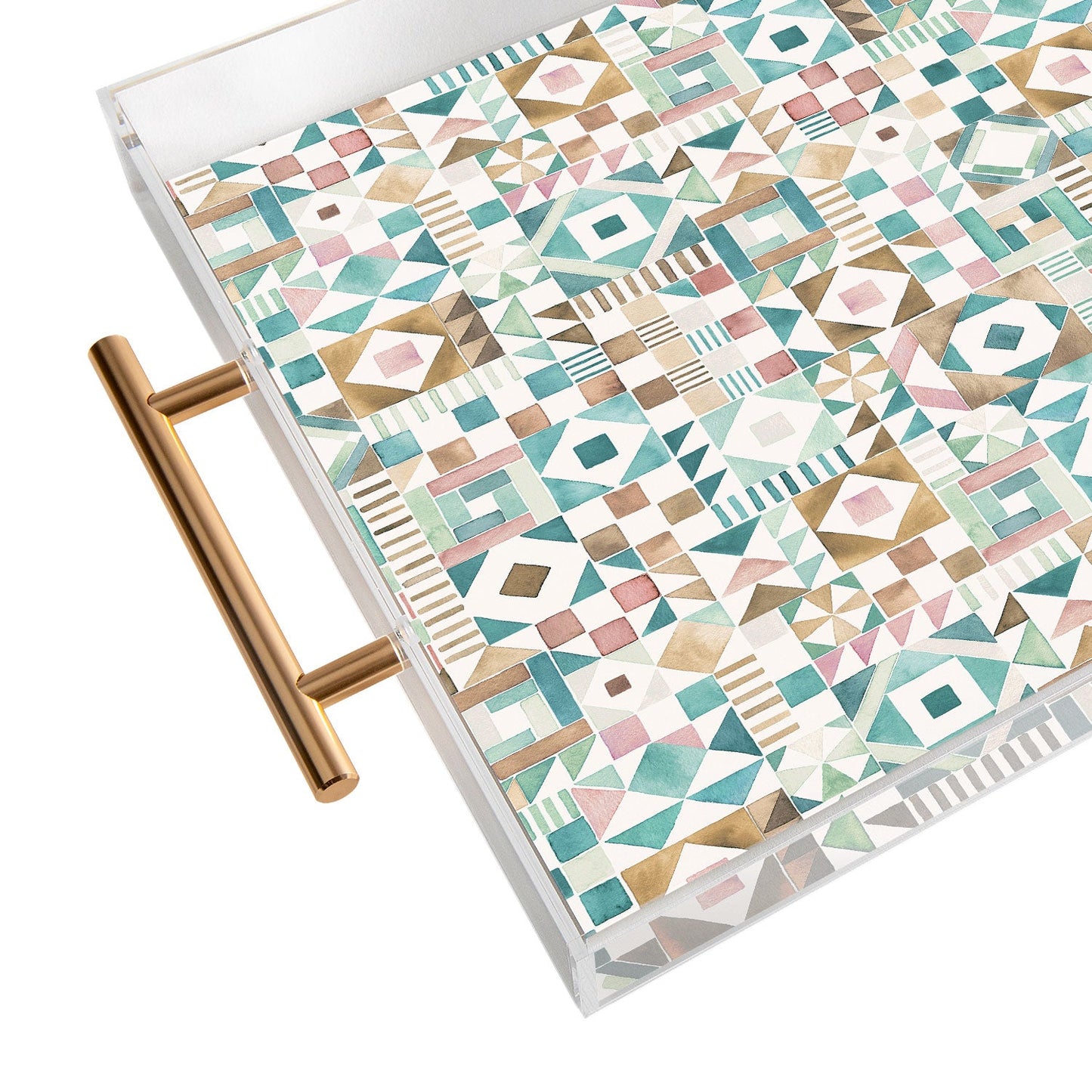 Ninola Design Charming Nostalgia Geometric Tiles Patchwork Aqua Pink Gold Acrylic Tray