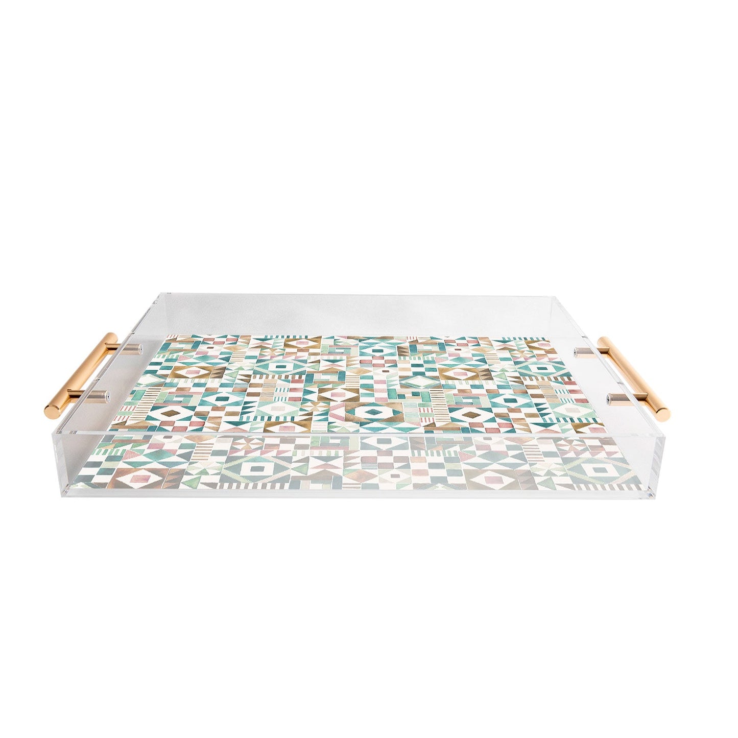 Ninola Design Charming Nostalgia Geometric Tiles Patchwork Aqua Pink Gold Acrylic Tray