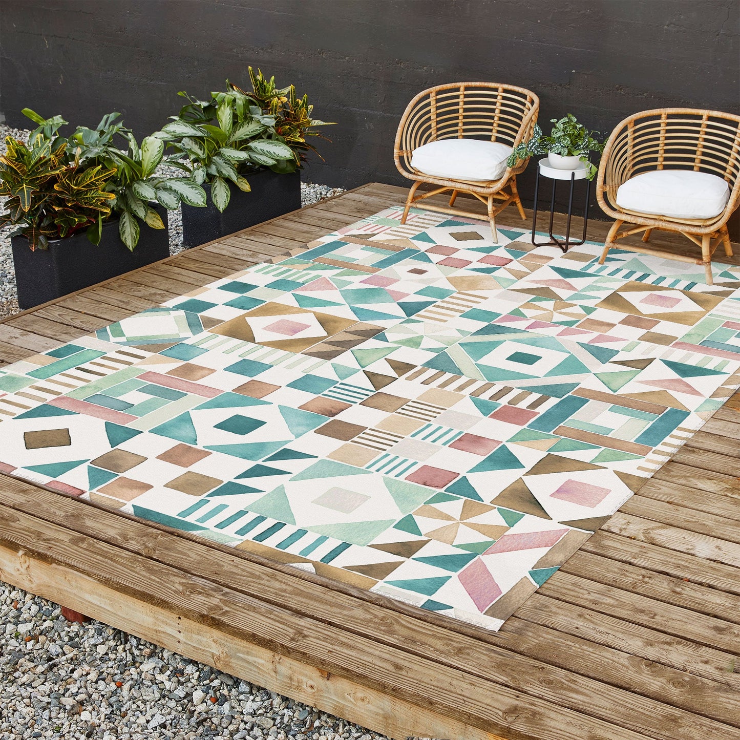 Ninola Design Charming Nostalgia Geometric Tiles Patchwork Aqua Pink Gold Outdoor Rug