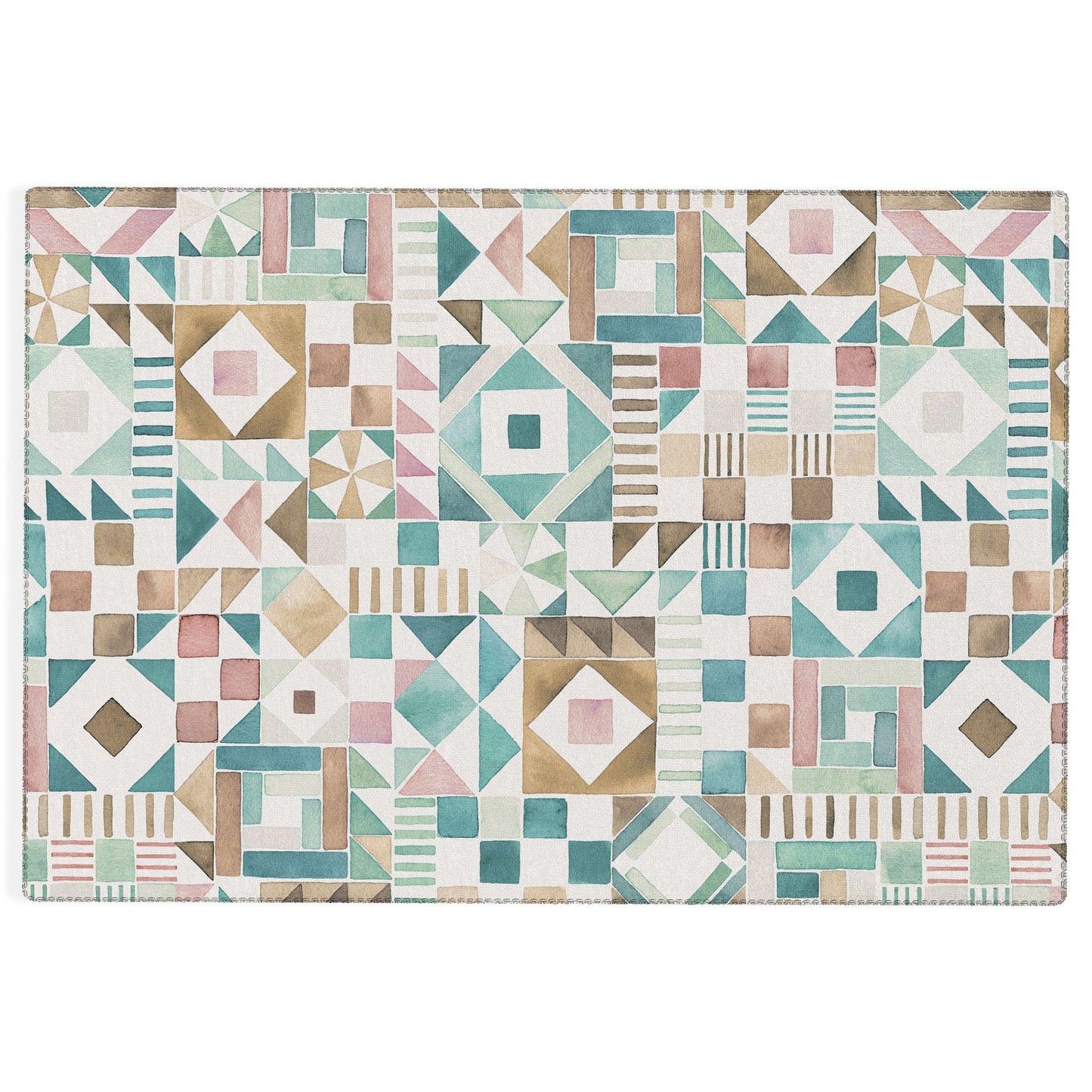 Ninola Design Charming Nostalgia Geometric Tiles Patchwork Aqua Pink Gold Outdoor Rug