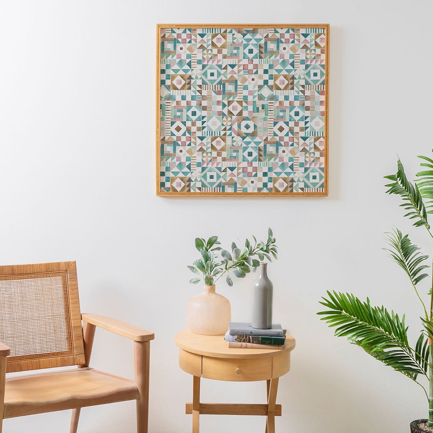 Ninola Design Charming Nostalgia Geometric Tiles Patchwork Aqua Pink Gold Framed Wall Art