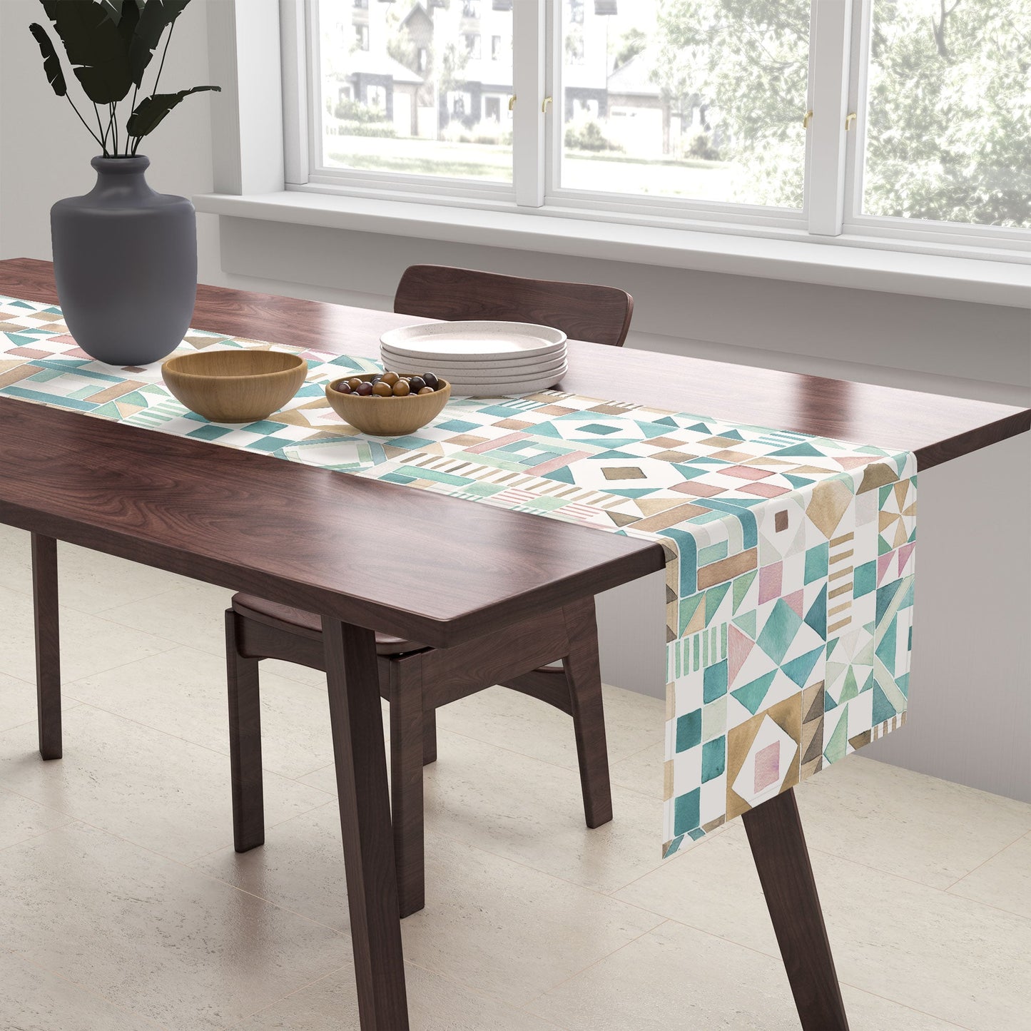 Ninola Design Charming Nostalgia Geometric Tiles Patchwork Aqua Pink Gold Table Runner