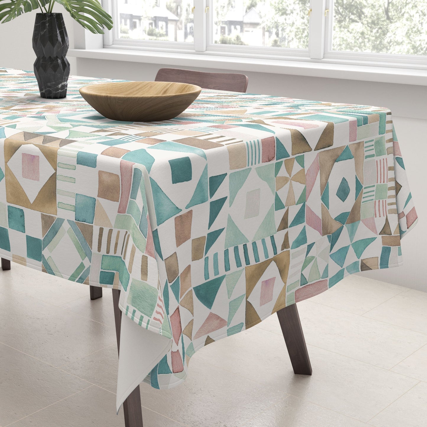Ninola Design Charming Nostalgia Geometric Tiles Patchwork Aqua Pink Gold Tablecloth