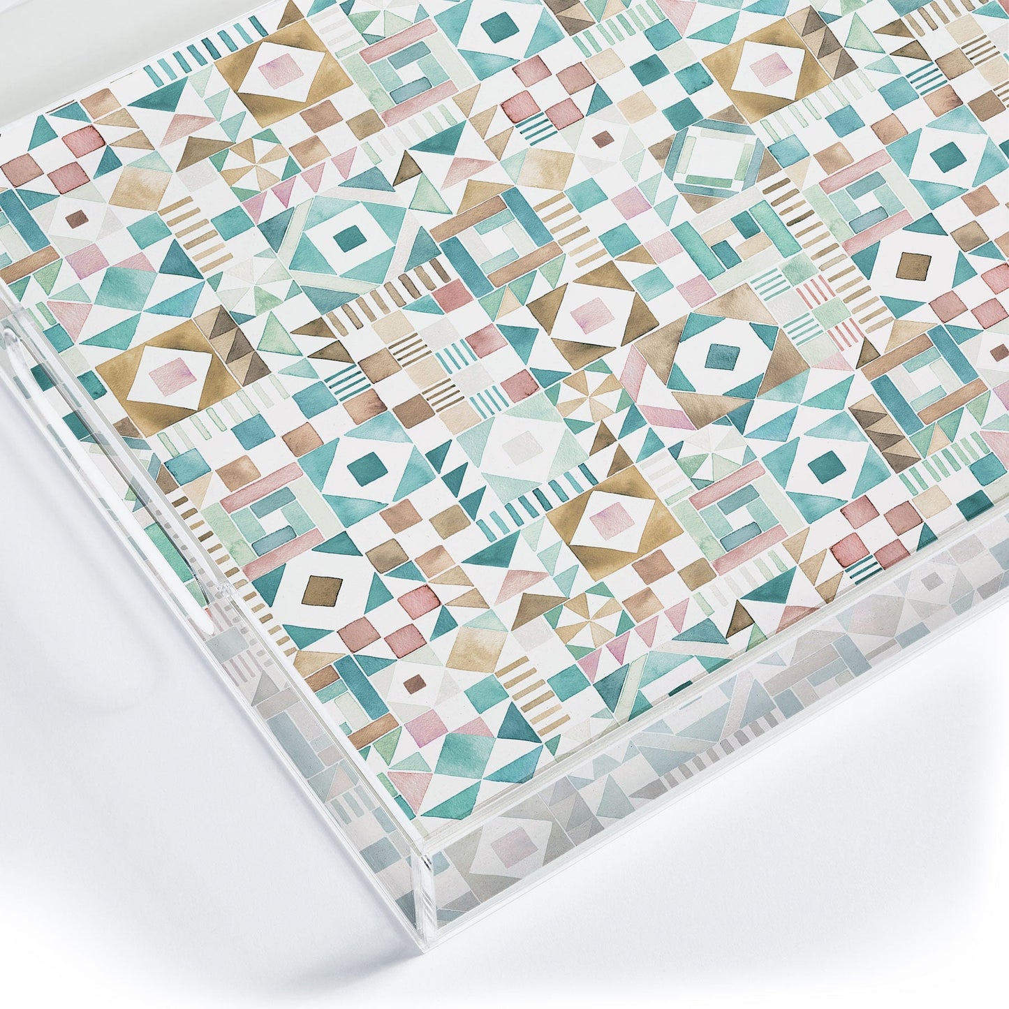 Ninola Design Charming Nostalgia Geometric Tiles Patchwork Aqua Pink Gold Acrylic Tray