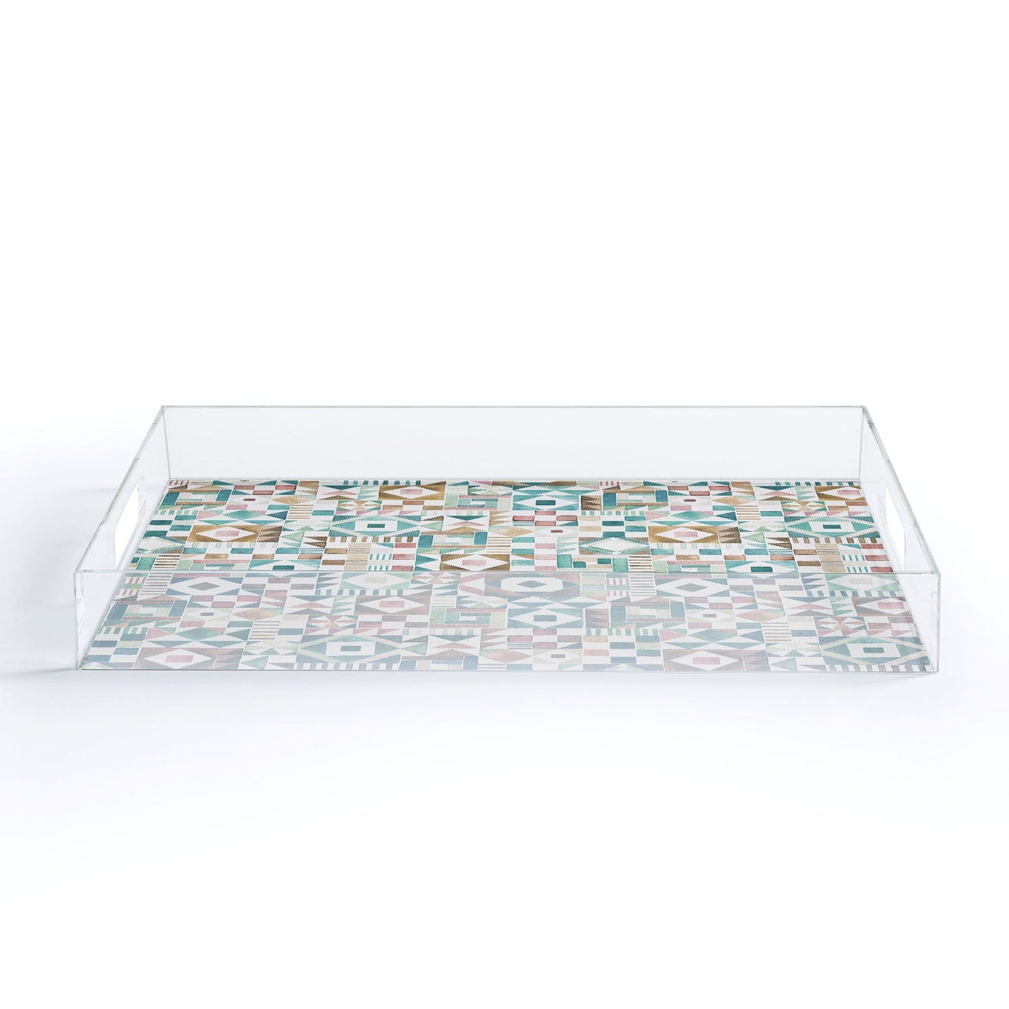 Ninola Design Charming Nostalgia Geometric Tiles Patchwork Aqua Pink Gold Acrylic Tray