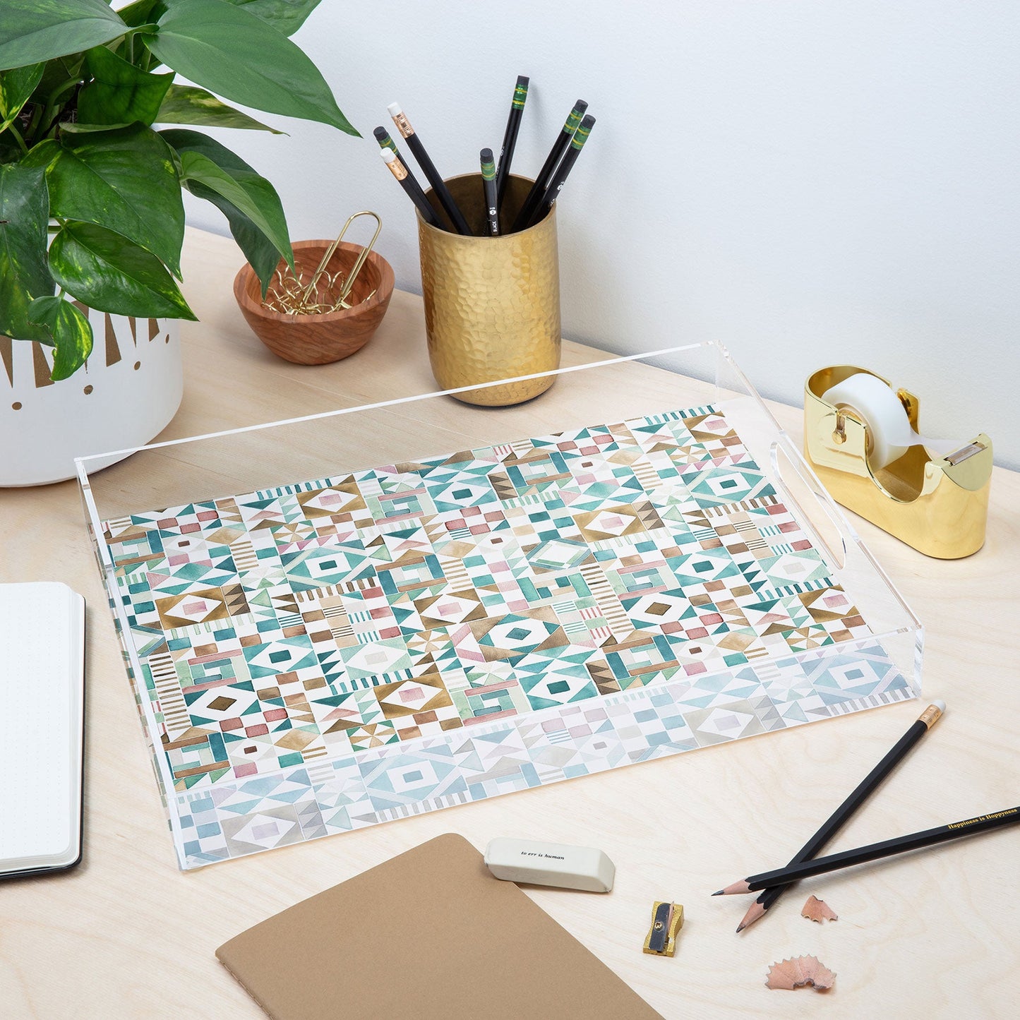 Ninola Design Charming Nostalgia Geometric Tiles Patchwork Aqua Pink Gold Acrylic Tray