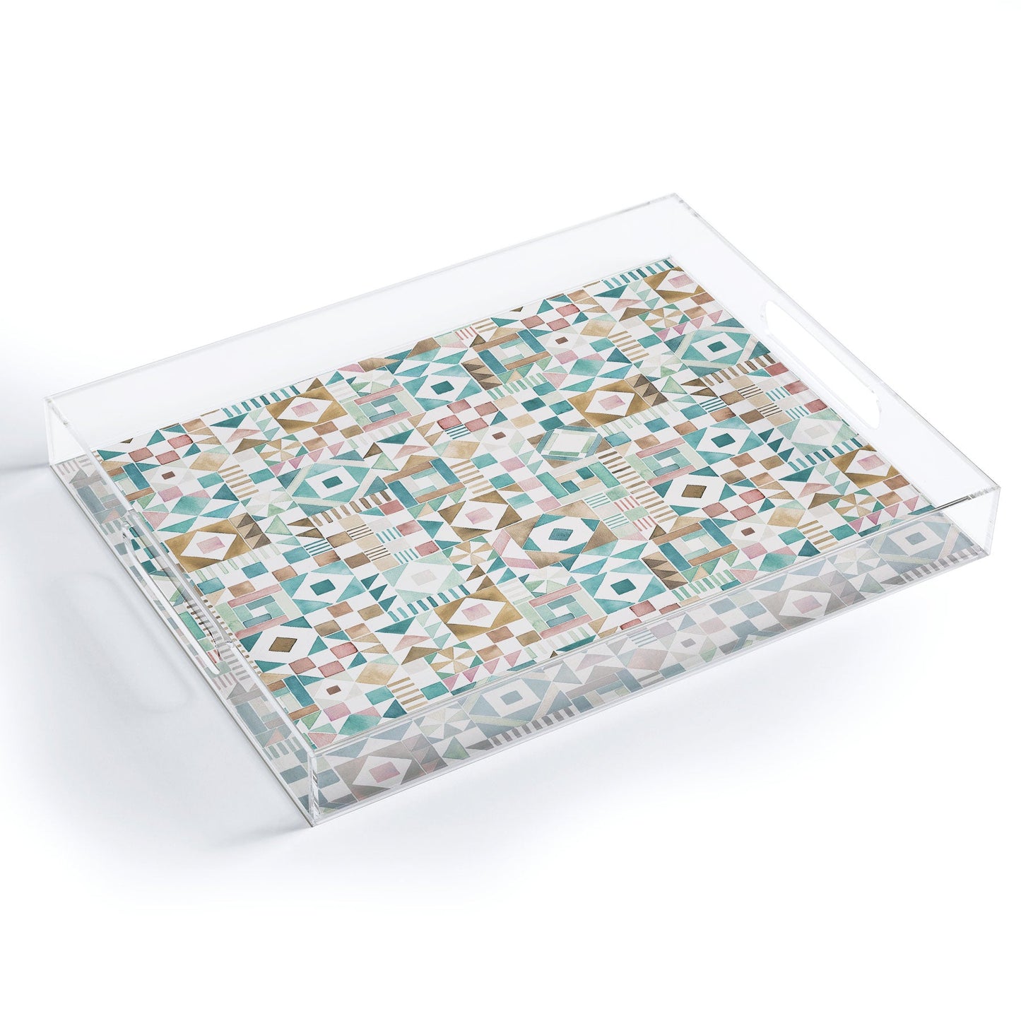 Ninola Design Charming Nostalgia Geometric Tiles Patchwork Aqua Pink Gold Acrylic Tray
