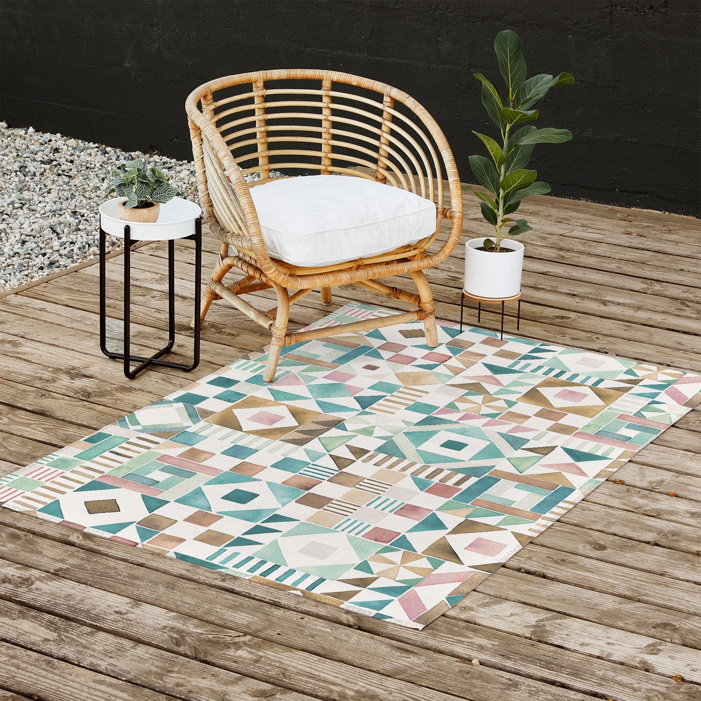 Ninola Design Charming Nostalgia Geometric Tiles Patchwork Aqua Pink Gold Outdoor Rug