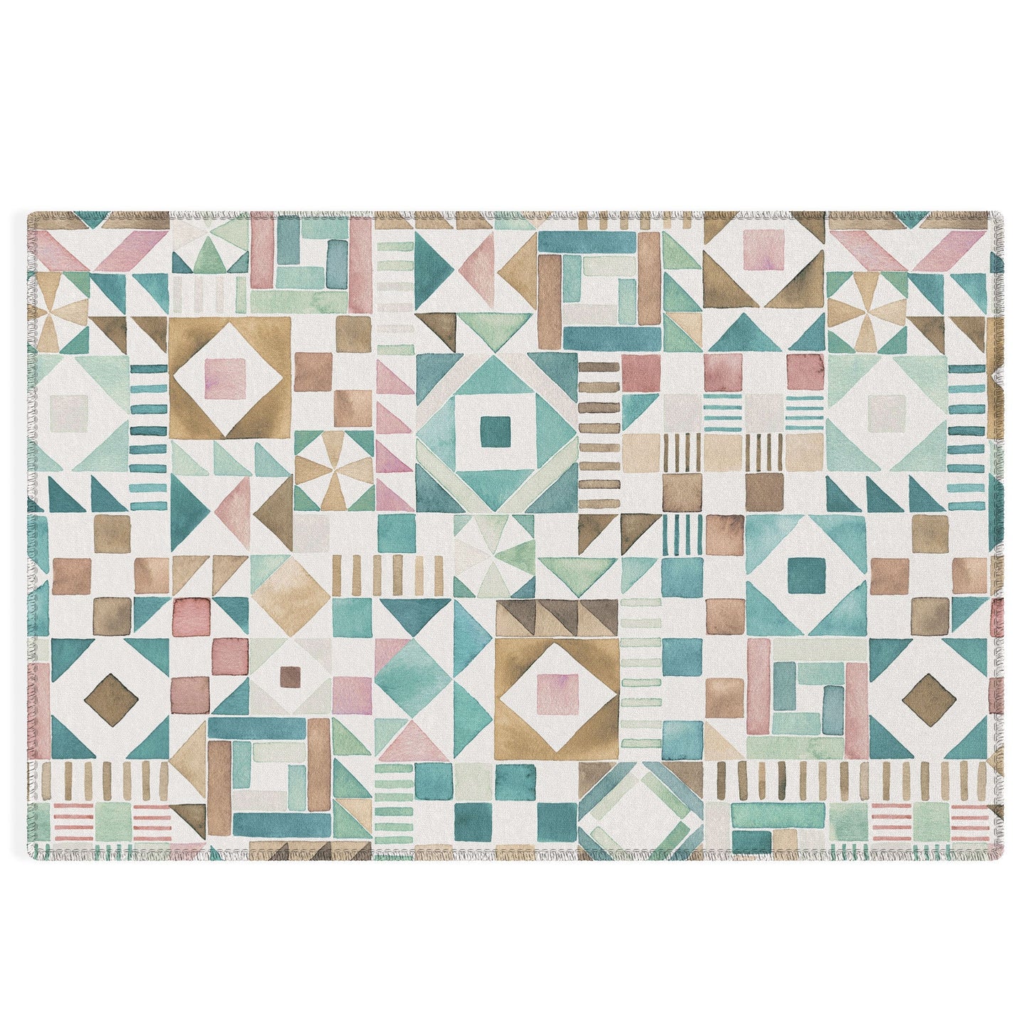 Ninola Design Charming Nostalgia Geometric Tiles Patchwork Aqua Pink Gold Outdoor Rug