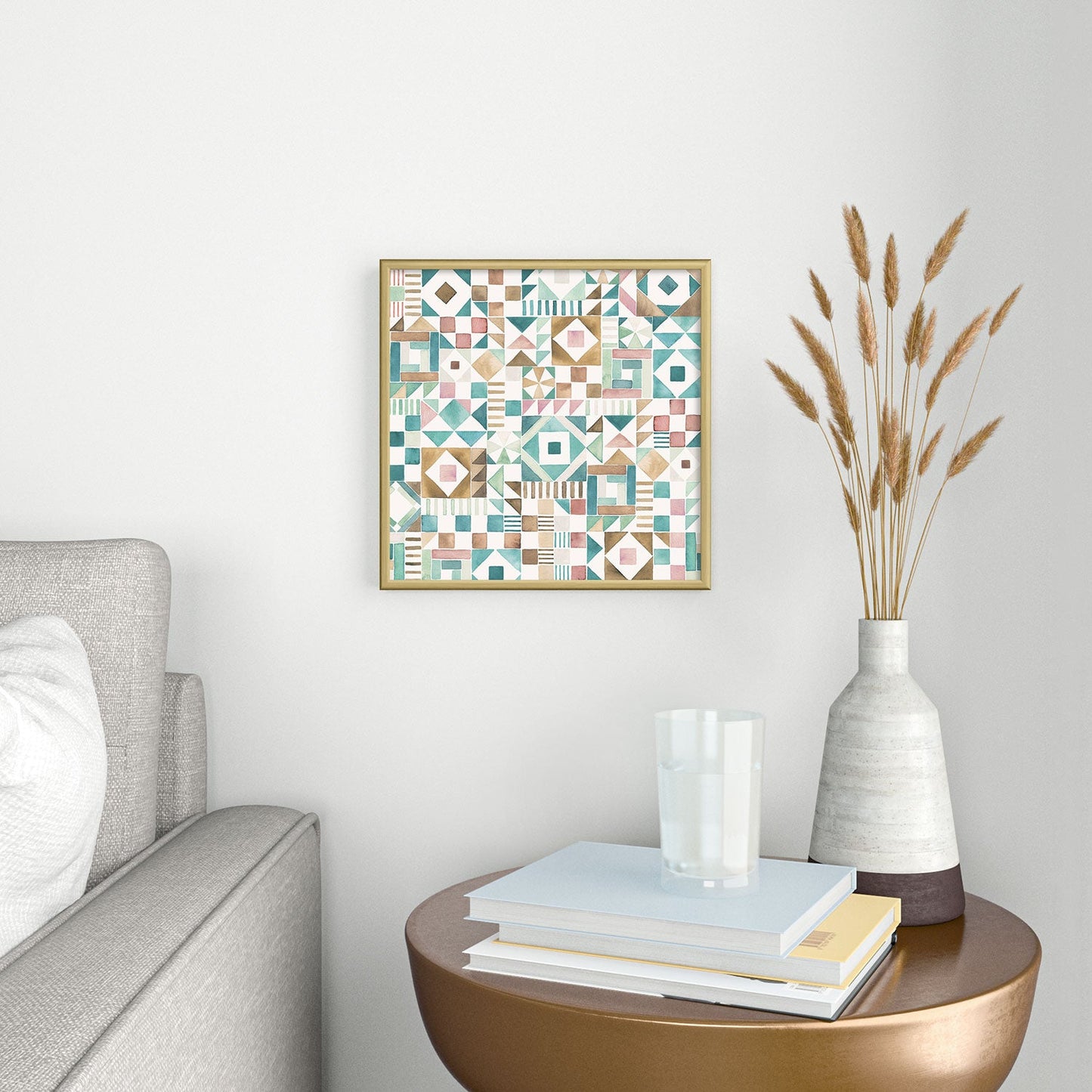 Ninola Design Charming Nostalgia Geometric Tiles Patchwork Aqua Pink Gold Square Metal Framed Art Print