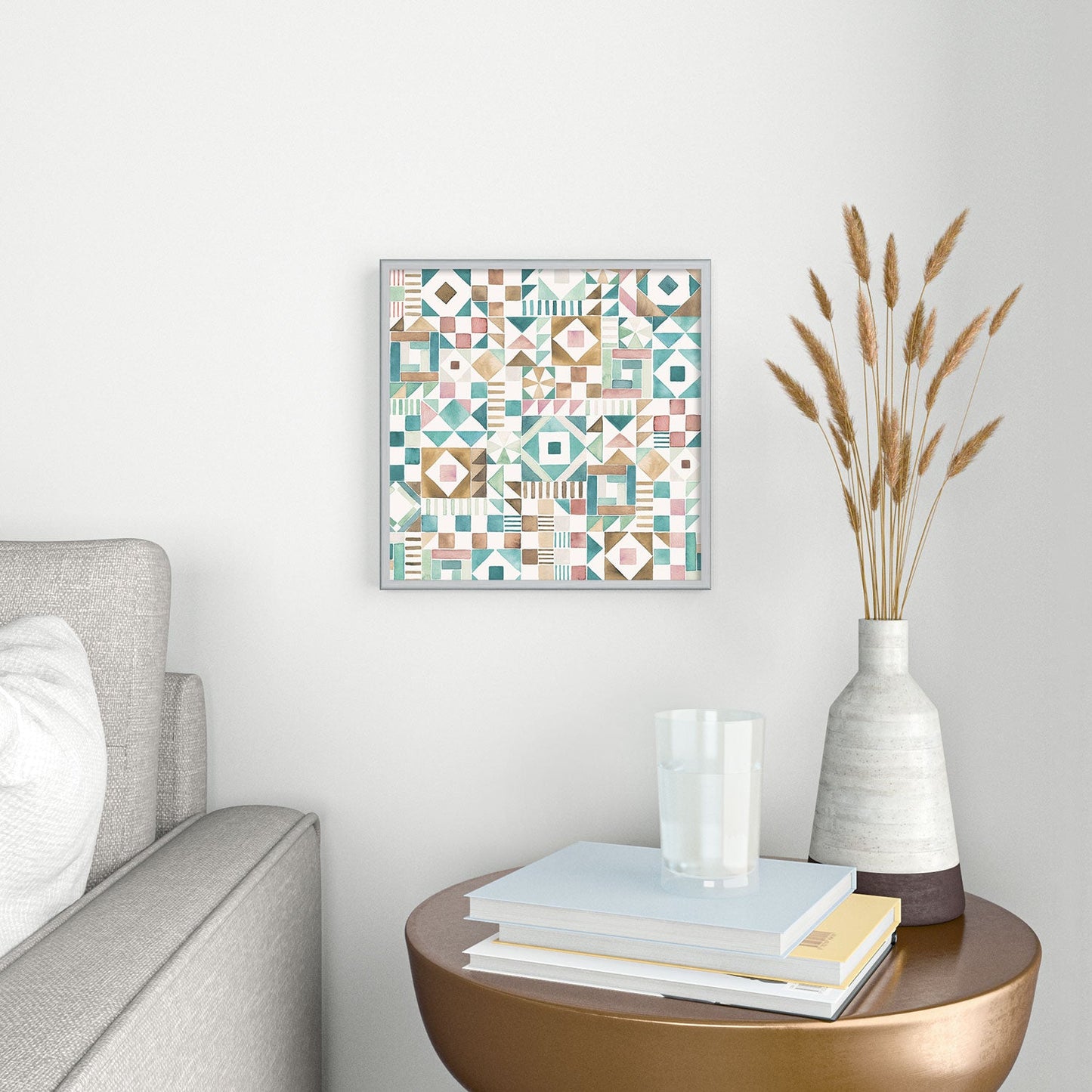 Ninola Design Charming Nostalgia Geometric Tiles Patchwork Aqua Pink Gold Square Metal Framed Art Print