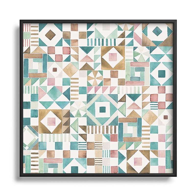 Ninola Design Charming Nostalgia Geometric Tiles Patchwork Aqua Pink Gold Square Metal Framed Art Print