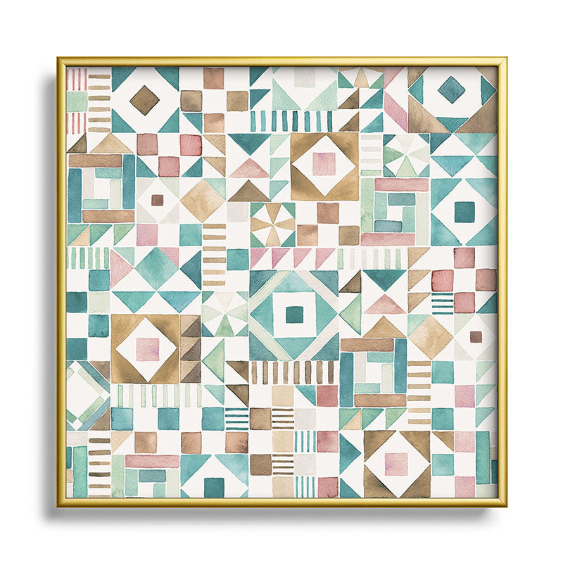 Ninola Design Charming Nostalgia Geometric Tiles Patchwork Aqua Pink Gold Square Metal Framed Art Print