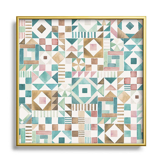 Ninola Design Charming Nostalgia Geometric Tiles Patchwork Aqua Pink Gold Square Metal Framed Art Print