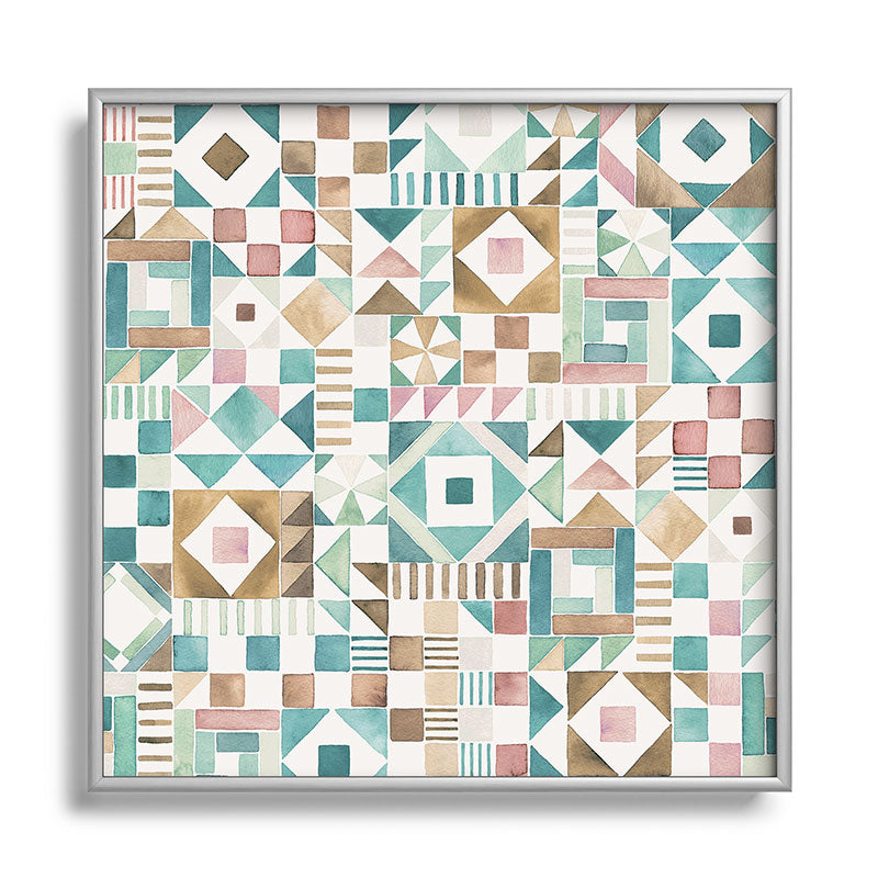 Ninola Design Charming Nostalgia Geometric Tiles Patchwork Aqua Pink Gold Square Metal Framed Art Print