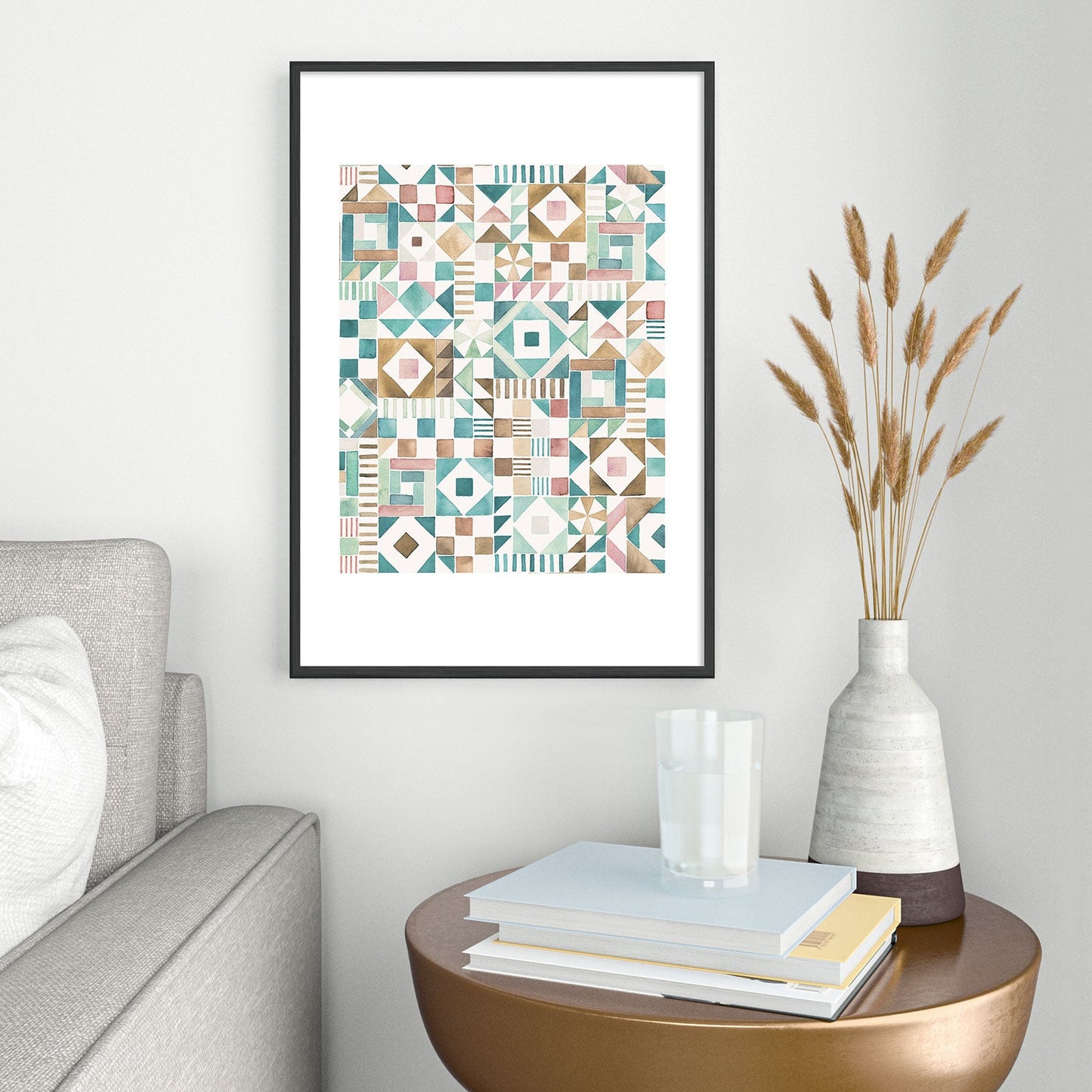 Ninola Design Charming Nostalgia Geometric Tiles Patchwork Aqua Pink Gold Metal Framed Art Print