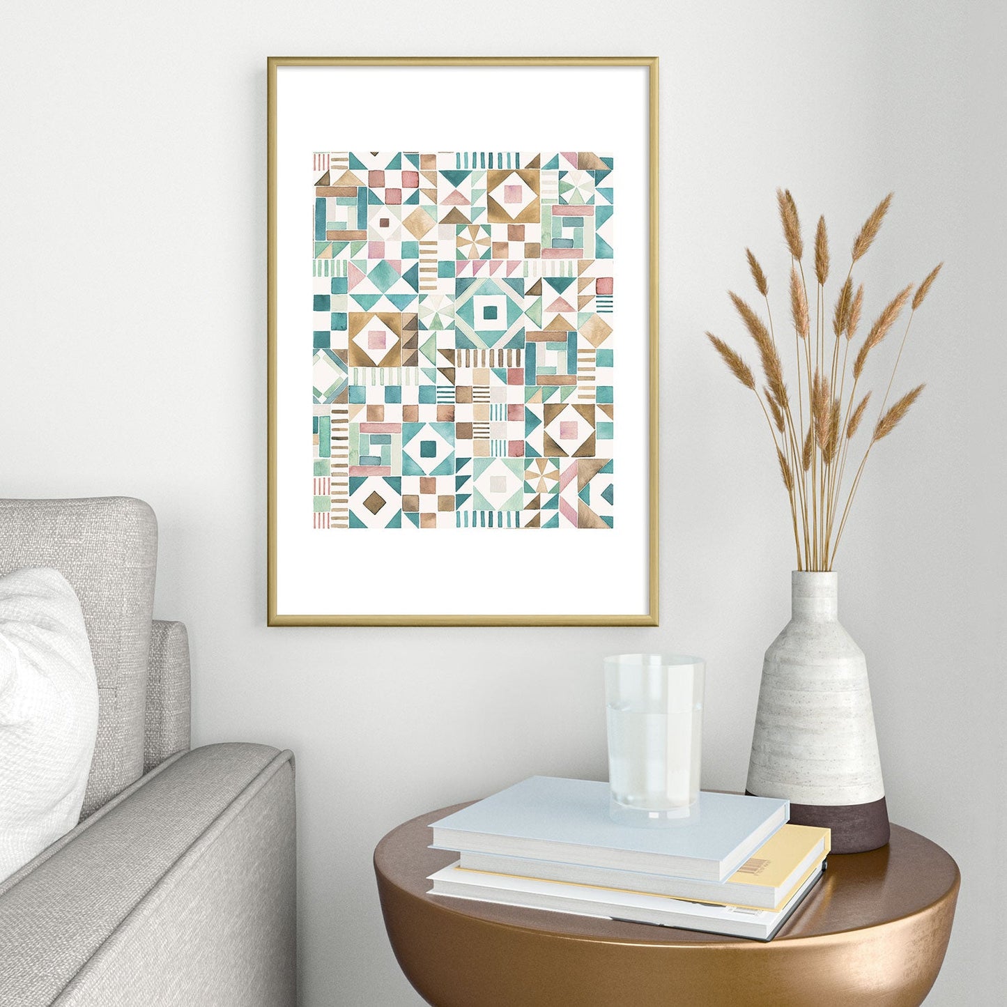 Ninola Design Charming Nostalgia Geometric Tiles Patchwork Aqua Pink Gold Metal Framed Art Print