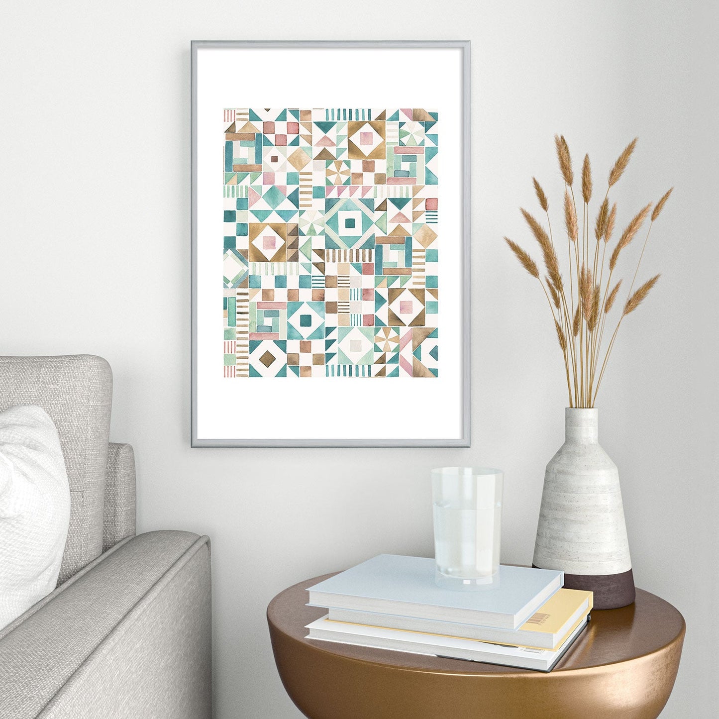 Ninola Design Charming Nostalgia Geometric Tiles Patchwork Aqua Pink Gold Metal Framed Art Print