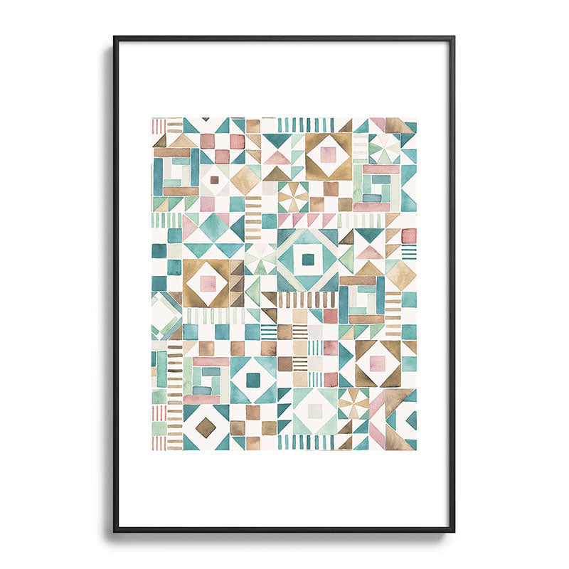 Ninola Design Charming Nostalgia Geometric Tiles Patchwork Aqua Pink Gold Metal Framed Art Print
