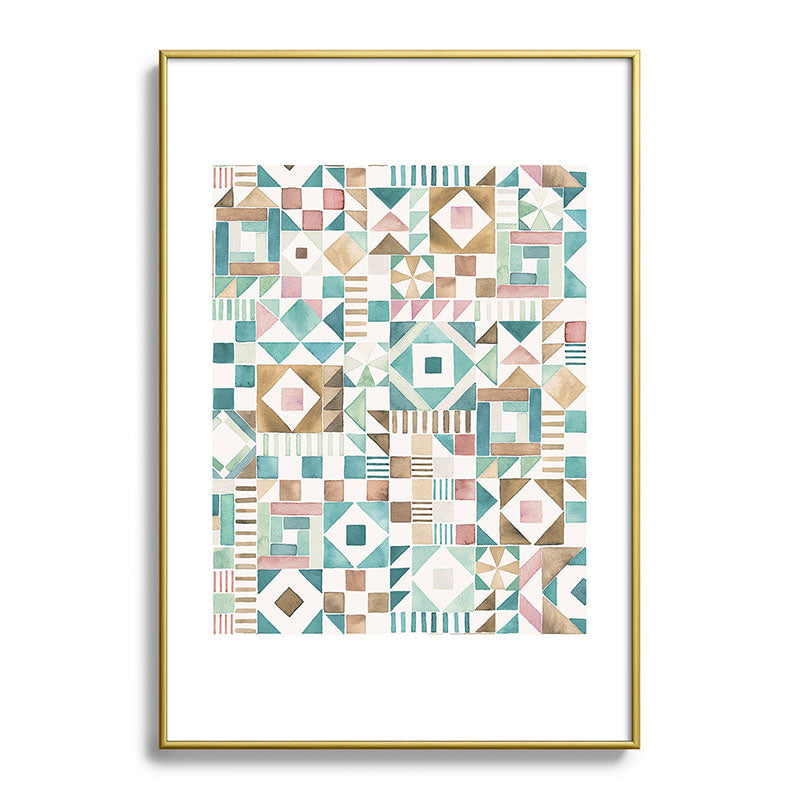 Ninola Design Charming Nostalgia Geometric Tiles Patchwork Aqua Pink Gold Metal Framed Art Print