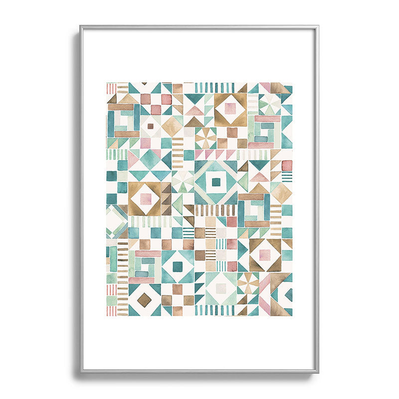 Ninola Design Charming Nostalgia Geometric Tiles Patchwork Aqua Pink Gold Metal Framed Art Print