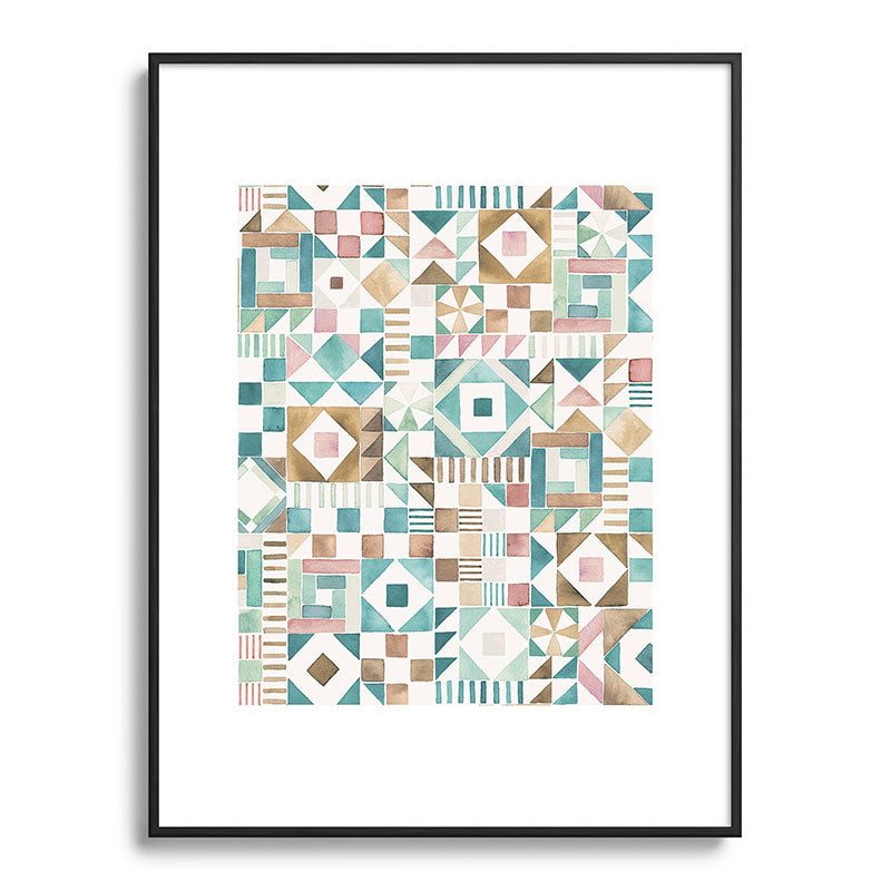 Ninola Design Charming Nostalgia Geometric Tiles Patchwork Aqua Pink Gold Metal Framed Art Print