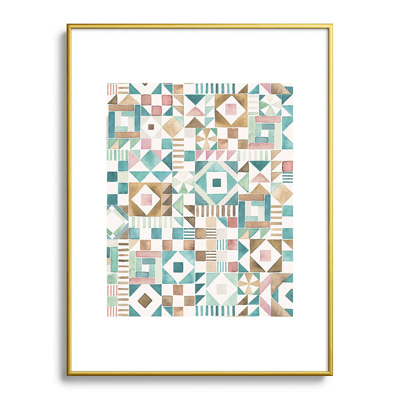 Ninola Design Charming Nostalgia Geometric Tiles Patchwork Aqua Pink Gold Metal Framed Art Print