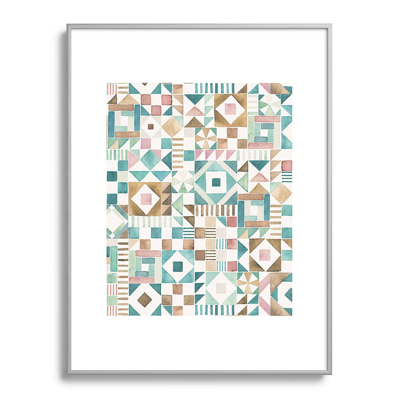 Ninola Design Charming Nostalgia Geometric Tiles Patchwork Aqua Pink Gold Metal Framed Art Print