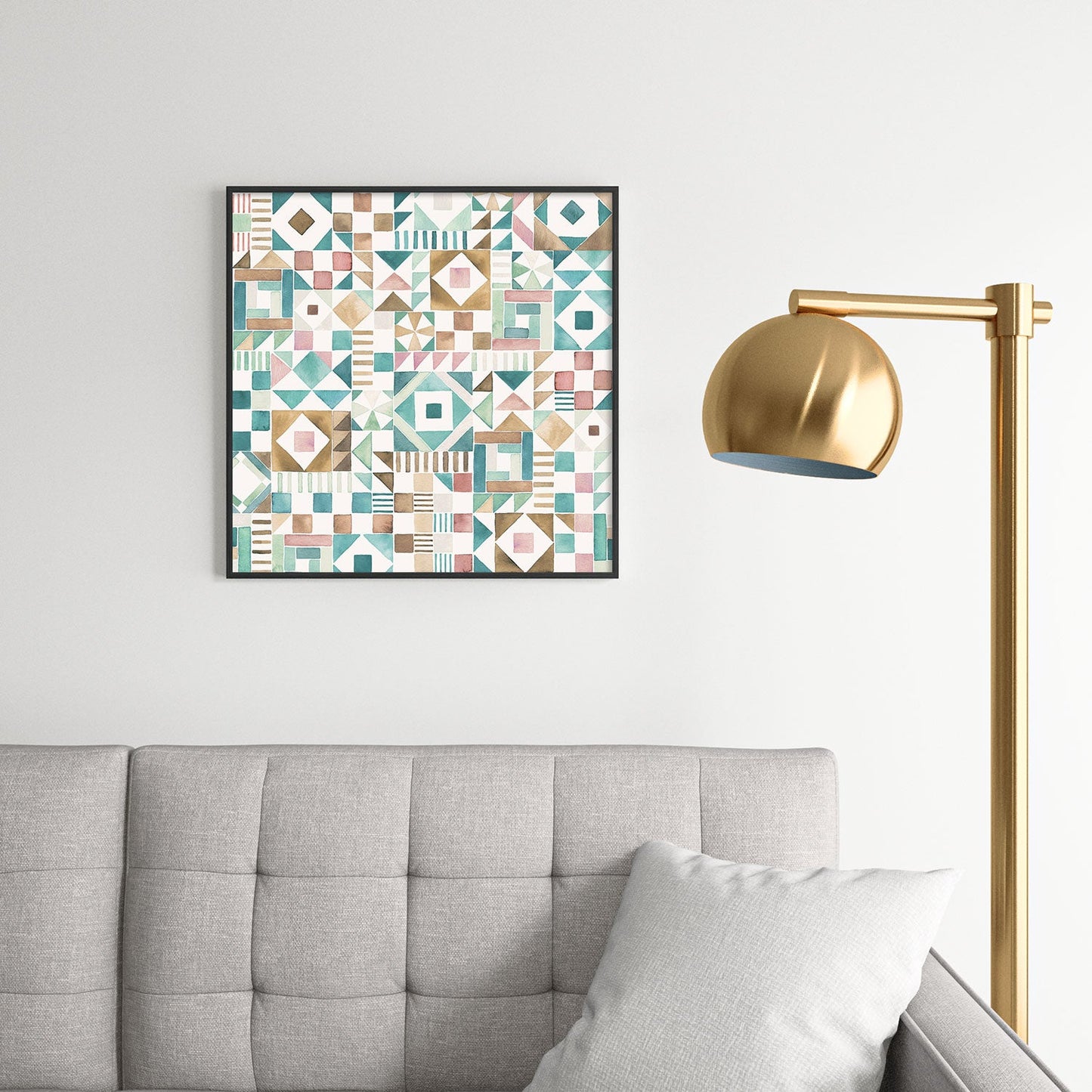 Ninola Design Charming Nostalgia Geometric Tiles Patchwork Aqua Pink Gold Square Metal Framed Art Print