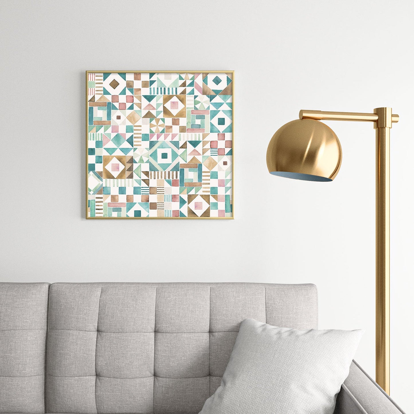 Ninola Design Charming Nostalgia Geometric Tiles Patchwork Aqua Pink Gold Square Metal Framed Art Print
