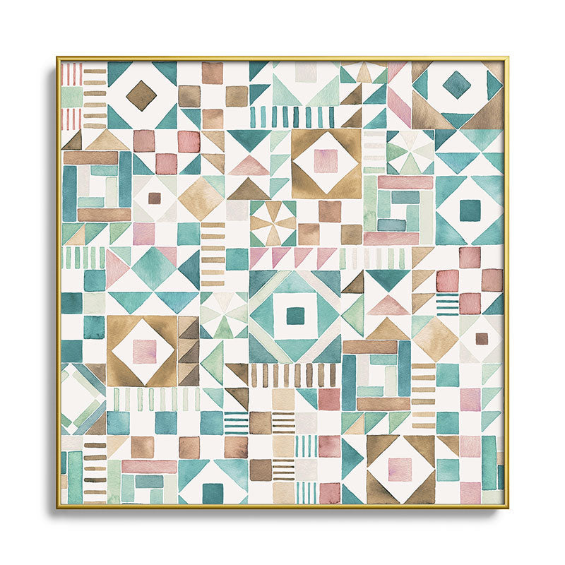 Ninola Design Charming Nostalgia Geometric Tiles Patchwork Aqua Pink Gold Square Metal Framed Art Print