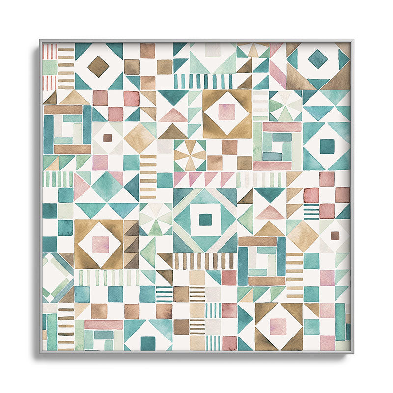 Ninola Design Charming Nostalgia Geometric Tiles Patchwork Aqua Pink Gold Square Metal Framed Art Print