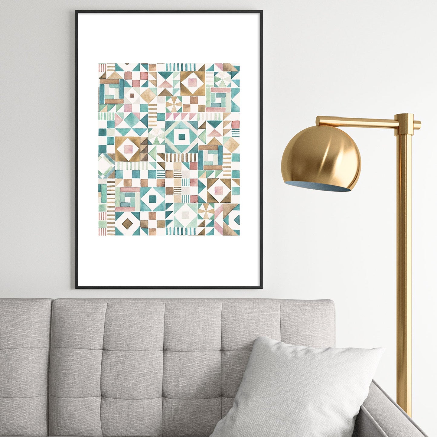 Ninola Design Charming Nostalgia Geometric Tiles Patchwork Aqua Pink Gold Metal Framed Art Print